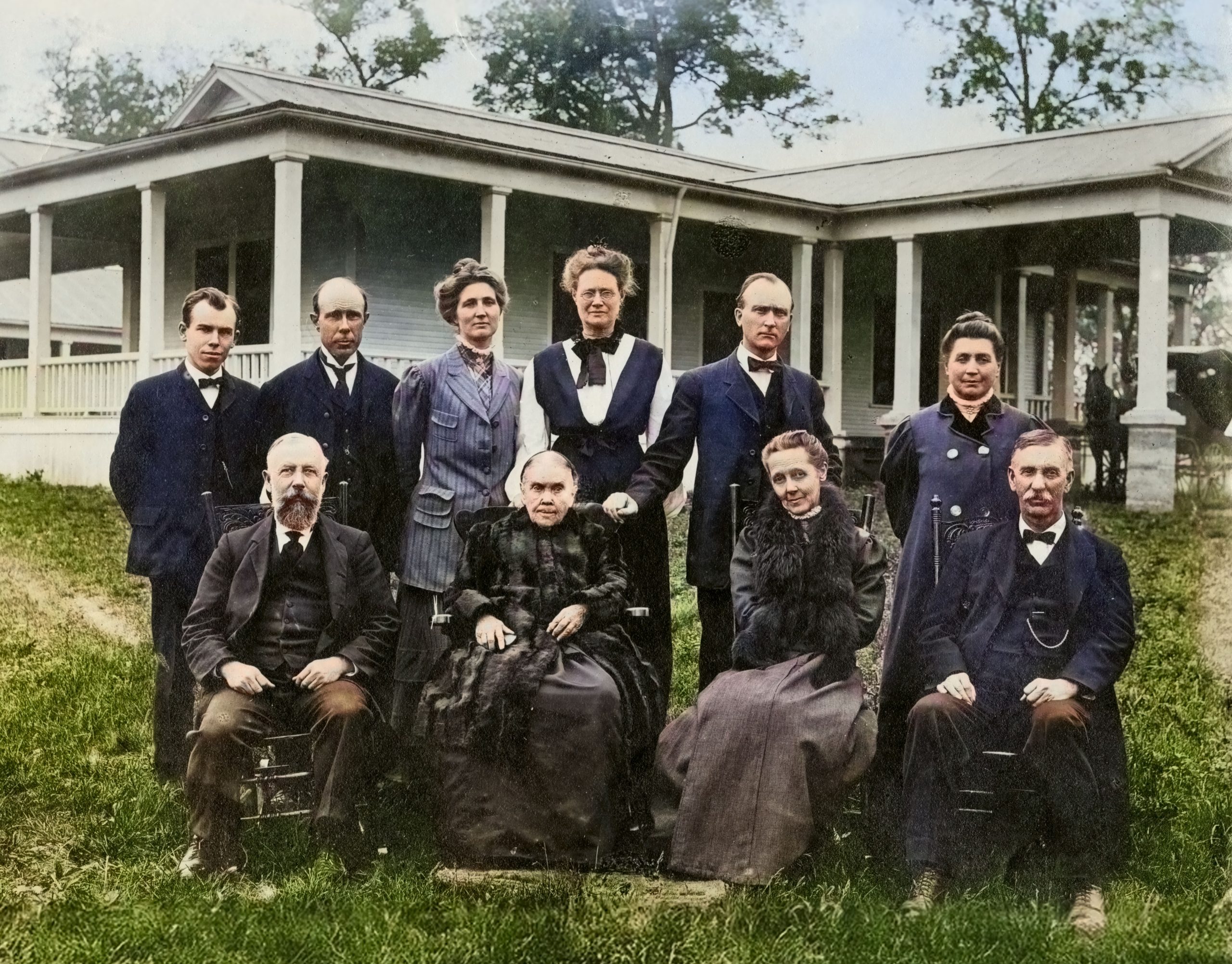 The Ellen White Family poses with personal staff and administrators of Madison College (1909): Back LR: Clarence C. Crisler, Percy T. Magan, Minnie Crisler, Nellie Druillard, Edward A. Sutherland, Sarah McEnterfer. Seated LR: W. C. White, Ellen G. White, Emma White, Edson White.